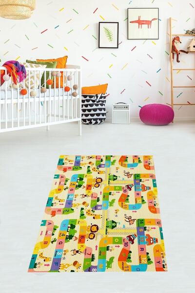 on the clouds Alfabe Ve Havanlar Desenli Eğitici Dijital Baskı Yıkanabilir Ka...