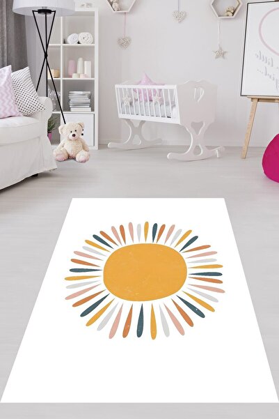 on the clouds Bohem İskandinav Beyaz Zemin Güneş Desenli Yıkanabilir Kaymaz L...