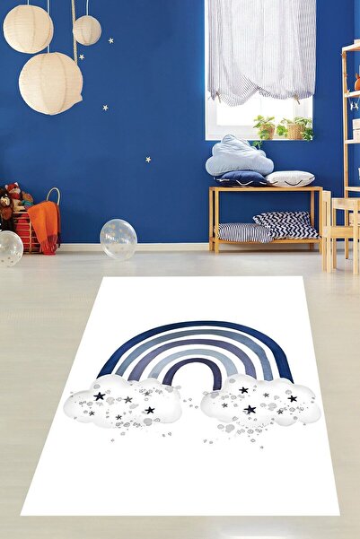 on the clouds Beyaz Zemin Lacivert Gökkuşağı Ve Bulut Yıkanabilir Kaymaz Taba...