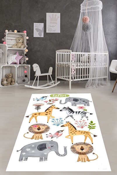 on the clouds Beyaz Zemin Safari Orman Hayvanları Yıkanabilir Kaymaz Taban Le...