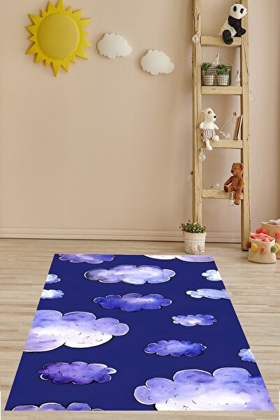 on the clouds Gece Mavisi Bulut Desen Yıkanabilir Kaymaz Taban Leke Tutmaz Çocuk Odası Halısı