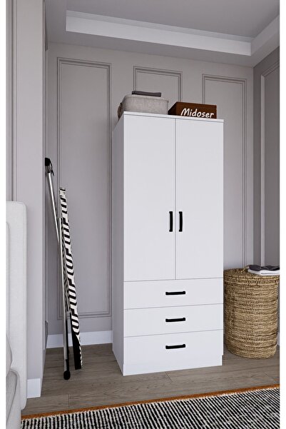 midoser Easy Mat Beyaz 2 Kapılı 3 Çekmeceli Gardırop