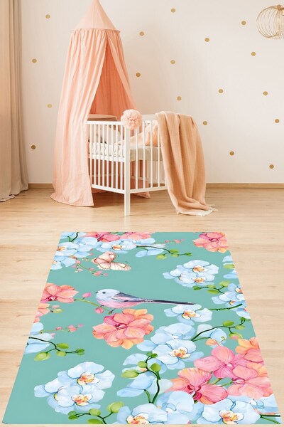 on the clouds Mint Zemin Kuş Kelebek Çiçek Desenli Yıkanabilir Kaymaz Taban L...