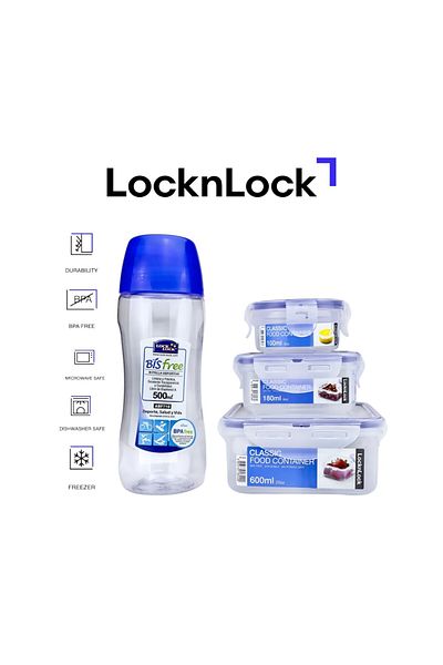 locknlock Bundle: Round (100ml), Rect (180ml), Square (600ml) Containers & 500ml Bottle