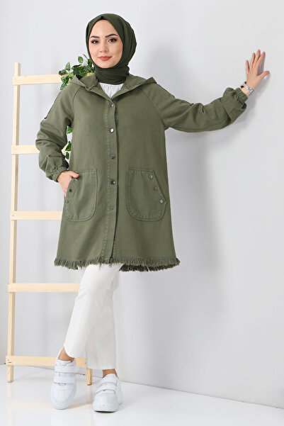 Tesettür Dünyası Kapesní džínová čepice s kapucí Tsd5528 Khaki