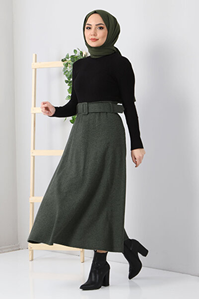 Tesettür Dünyası Herringbone Patterned Mevlana Skirt Tsd0047 Khaki