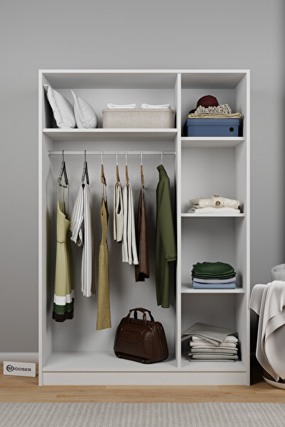 midoser Kardelen Serisi Mat Beyaz 3 Kapaklı 5 Raflı 120 Cm Elbise Dolabı