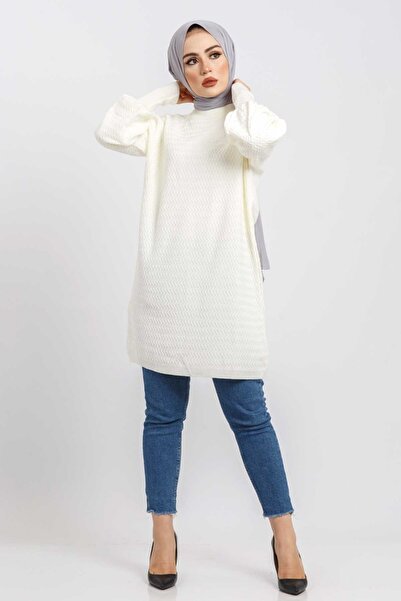 Tesettür Dünyası Zigzag Patterned Knitwear Tunic Tsd5180 Ecru