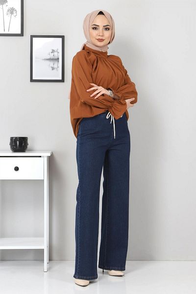 Tesettür Dünyası Pantaloni blugi cu talie elastică cu picior lat Tsd22045 Albastru închis
