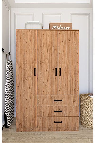 midoser Easy Atlantik Çam 3 Kapılı 3 Çekmeceli Çok Amaçlı Elbise Dolabı