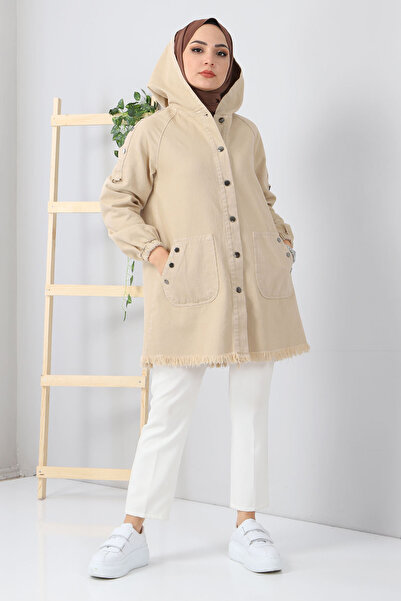 Tesettür Dünyası Kapesní džínová čepice s kapucí Tsd5528 Béžová