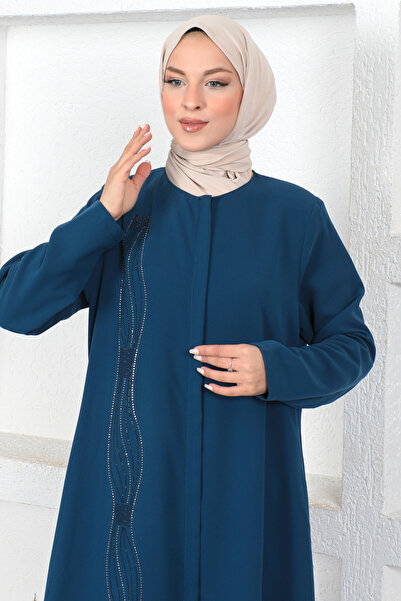 Tesettür Dünyası Hullámos elülső flitterrel hímzett Hidzsáb Ferace Tsd230423 szilva