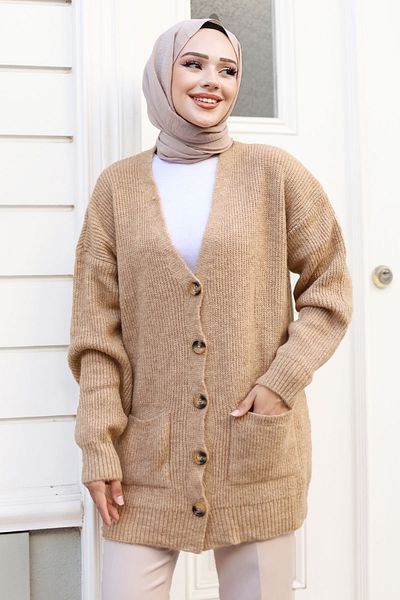 Tesettür Dünyası Camel Knitwear CarDigan - TSD witH Buttons anD Pocket Detail 240802