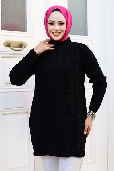 Tesettür Dünyası Πλεκτά μαλλιά με σχέδιο Judge Knitwear Knitwear Collar - TSD 240801 Μαύρο