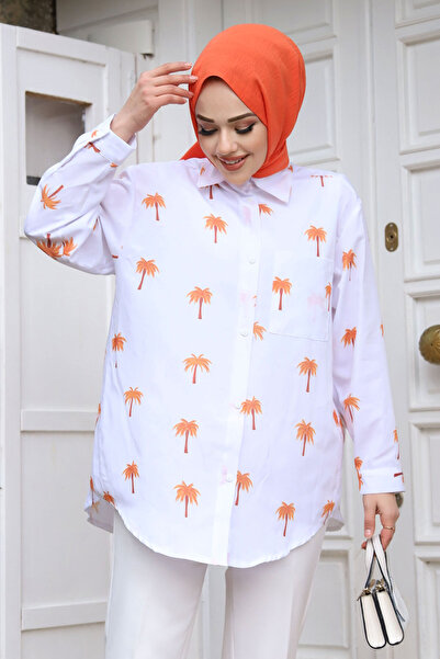 Tesettür Dünyası Palmiye Desenli Tunik TSD240119 Turuncu