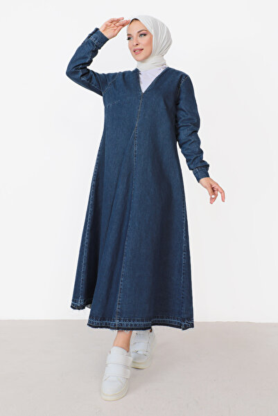 Tesettür Dünyası Μακρύ μονόχρωμο φόρεμα με λαιμόκοψη V TSD230908 Μπλε