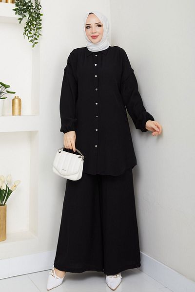 Tesettür Dünyası Buttoned Double Suit with Elastic Ankle Tsd250165 Black