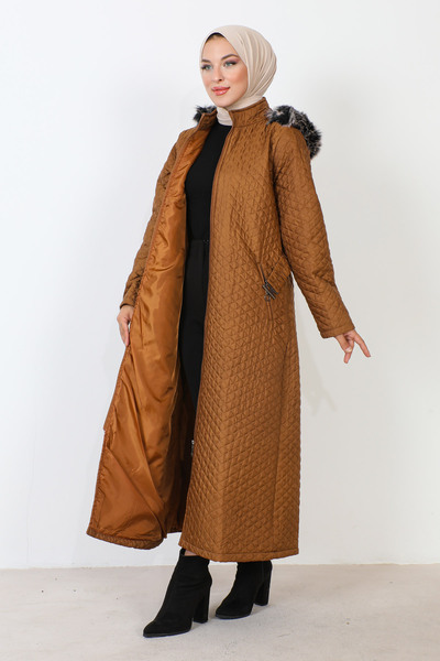 Tesettür Dünyası Full Length Patterned Quilted Coat TSD230912 Tan