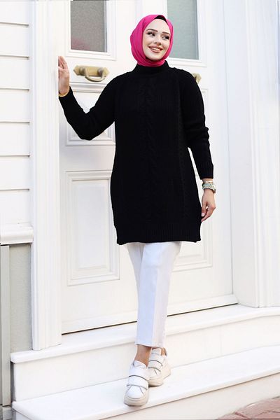 Tesettür Dünyası Πλεκτά μαλλιά με σχέδιο Judge Knitwear Knitwear Collar - TSD 240801 Μαύρο