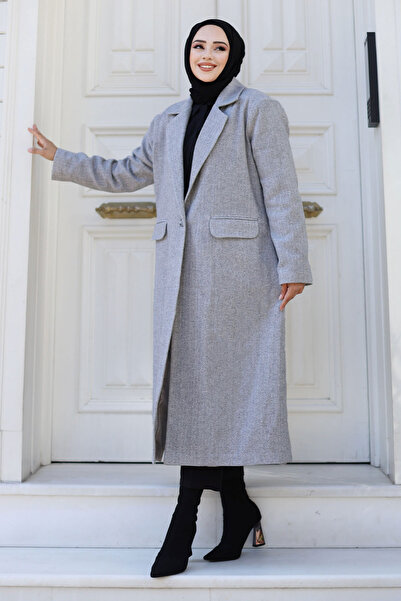 Tesettür Dünyası Gray Herringbone Patterned Coat - Tsd 240925