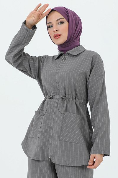 Tesettür Dünyası Melisa Waist Gathered Zipper Suit TSD231208 Gray