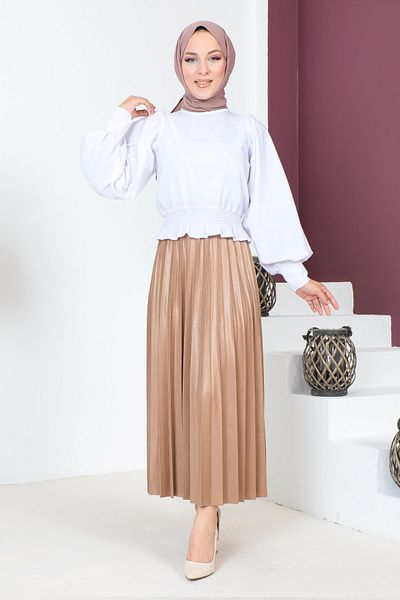 Tesettür Dünyası Δερμάτινη όψη πλισέ φούστα TSD221001 Camel
