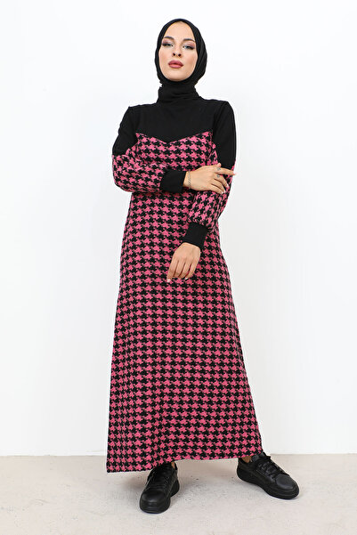 Tesettür Dünyası Kazayağı Desenli Uzun Tesettür Elbise TSD231102 Pembe