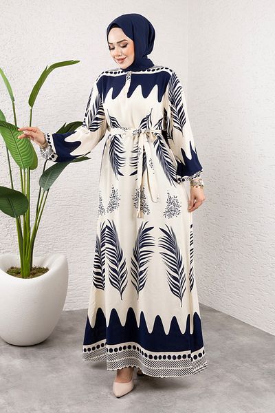 Tesettür Dünyası Φόρεμα με έθνικ σχέδιο Navy Blue Viscose Waterway - TSD 240955