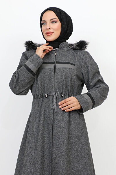 Tesettür Dünyası Leather Detailed Full-Length Zipper Coat TSD231116 Smoked