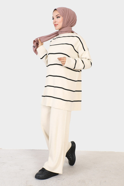 Tesettür Dünyası Pruhovaný úpletový oblek TSD220905 Stone Color