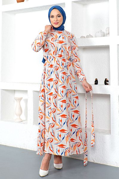 Tesettür Dünyası Branch Patterned Linen Dress Tsd230226 Orange
