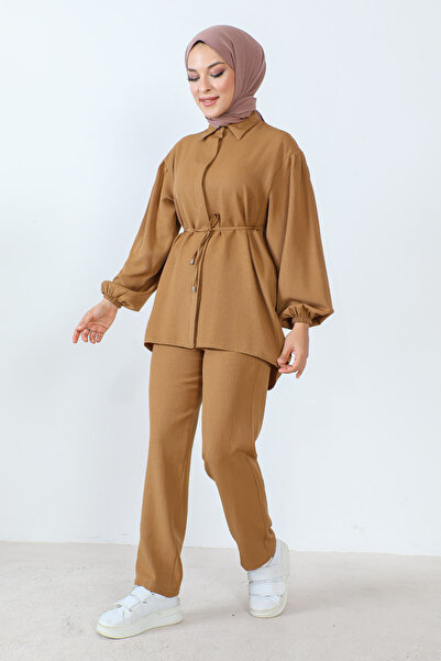 Tesettür Dünyası Σχοινί μέσης Λεπτομερής διπλή φόρμα TSD230922 Μαύρισμα