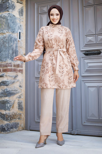 Tesettür Dünyası TSD 240726 Model Brown Double Set - Floral Pattern and Waist Belt