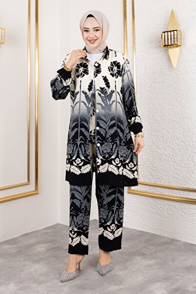 Tesettür Dünyası Black Viscose Suit - Colorful Floral Pattern Tsd 250111