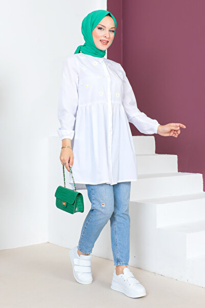 Tesettür Dünyası Κεντημένο τουνίκ με ελαστικά μανίκια TSD230620 Λευκό