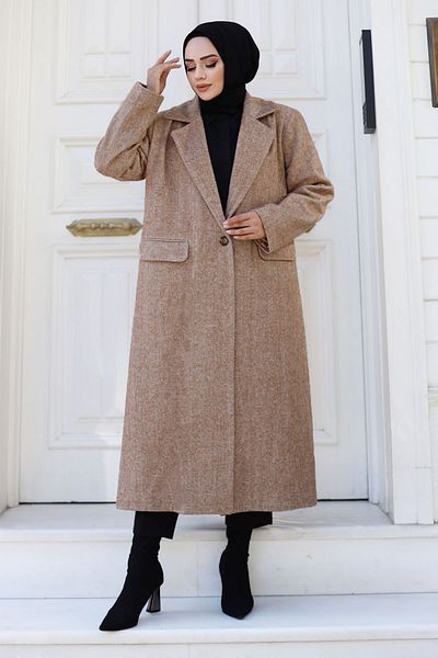 Tesettür Dünyası Tan Colored Herringbone Patterned Coat - Tsd 240925