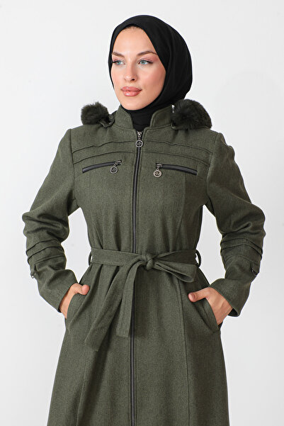 Tesettür Dünyası Kabát na zips po celej dĺžke s ozdobnými vreckami TSD230810 Khaki
