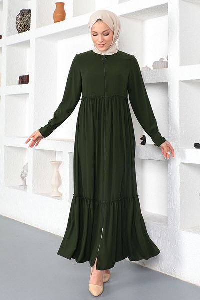 Tesettür Dünyası Flounced Hijab Abaya Tsd230335 Χακί