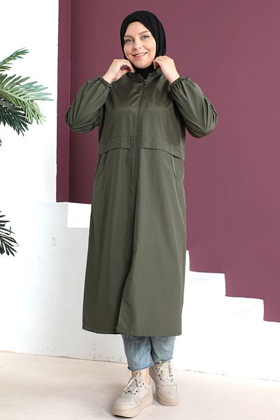 Tesettür Dünyası Large Size Trench Coat with Patch Detail Tsd230505 Khaki