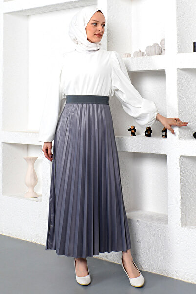 Tesettür Dünyası Skládaná sukně koženého vzhledu Tsd221001 šedá