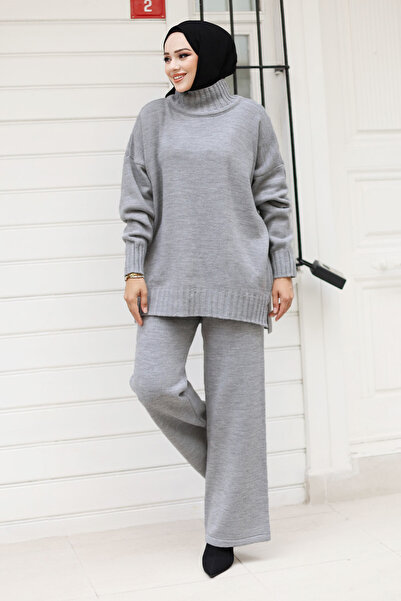 Tesettür Dünyası Corded Sleeve Knitwear Set - Gray Throat Tsd 240931