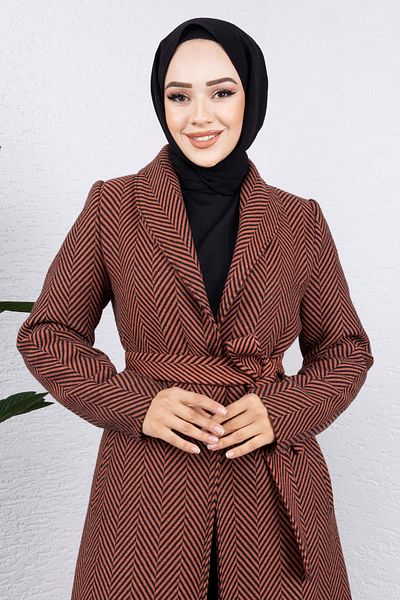 Tesettür Dünyası Brick Color Pocket Double Breasted Collar Coat - Tsd 240938
