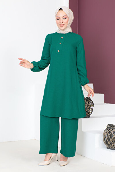 Tesettür Dünyası Buttoned Double Suit TSD230701 Emerald Green