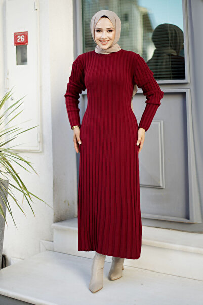Tesettür Dünyası Ribbed Crew Neck Knitwear Long Dress Tsd240804 Burgundy