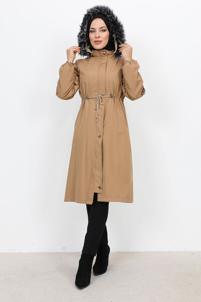 Tesettür Dünyası Παλτό Bondit μεσαίου μεγέθους με βελούδινη επένδυση TSD231114 Camel