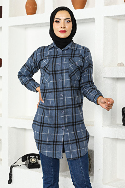Tesettür Dünyası Modrá dřevorubecká košile - dvě kapsy, Tsd 221016
