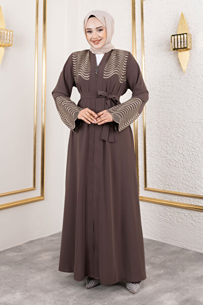Tesettür Dünyası TSD 250110   Μοντέλο Καφέ Abaya - Κέντημα και Λεπτομέρεια από πέτρα