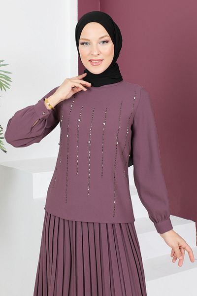 Tesettür Dünyası Κοστούμι με πέτρινη λεπτομέρεια Tsd230525 Dusty Rose