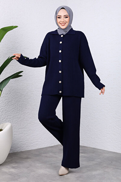 Tesettür Dünyası Front Buttoned Knitwear Set Tsd 240936 Navy Blue