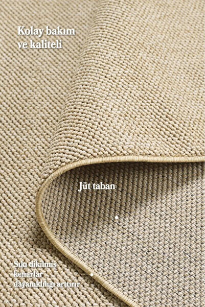 Enva Home Bukle Kilim Düz Yumuşak Sisal Jüt Taban %100 Polipropilen Tozumaz Oda Koridor Halısı Bej Renk